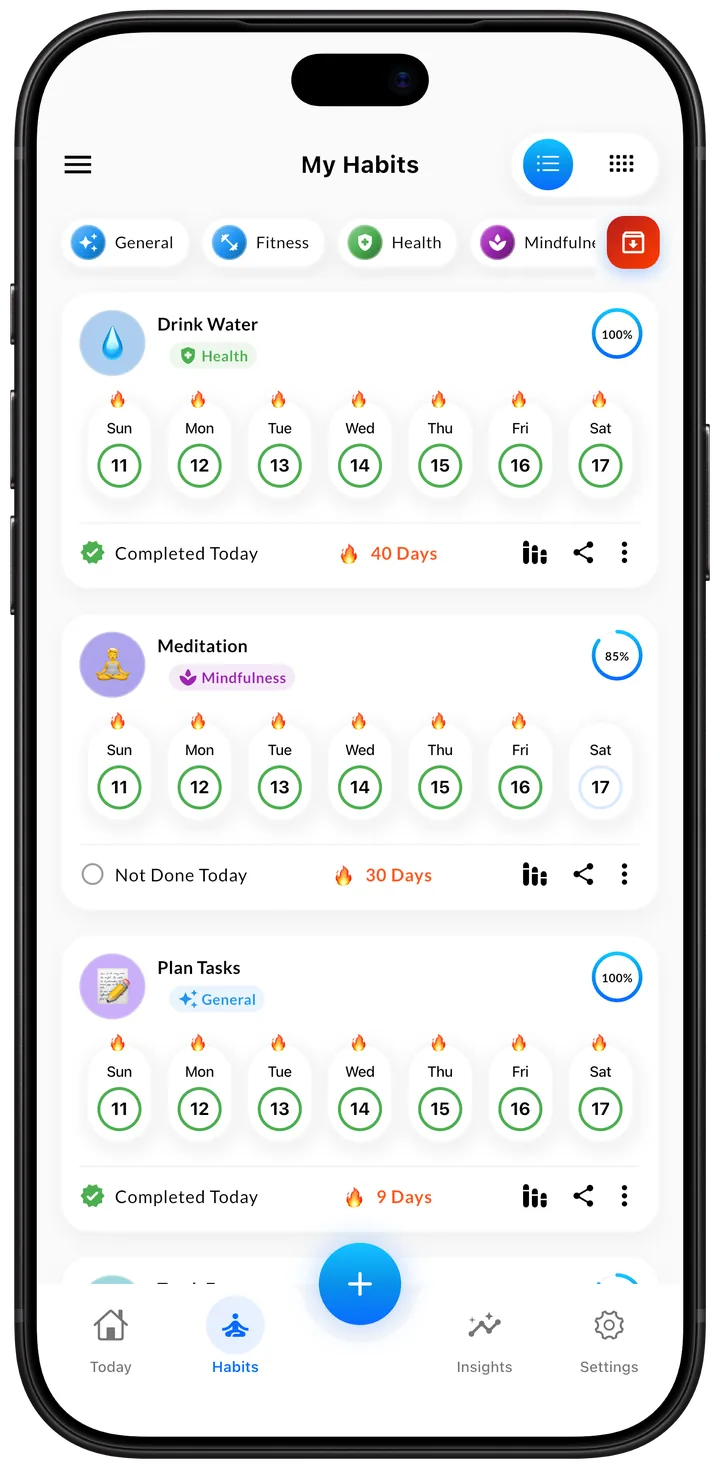 Habigrow My Habits with weekly check-ins and a streak per habit